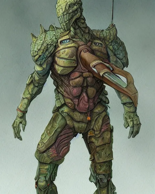 Prompt: a watercolor painting full body character portrait of a humanoid dinosaur soldier in the style of moebius in the style of leonard boyarsky trending on artstation deviantart pinterest detailed photorealistic highlights and shadow hd 8 k post - processing high resolution