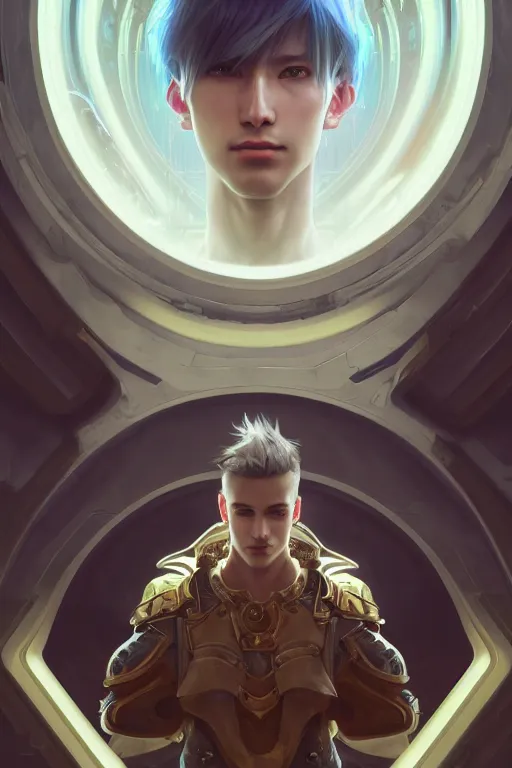 Image similar to portrait of a man with futuristic haircut, soft smile, final fantasy, league of legends champion, strong iridescent light, by chengwei pan and sakimichan and greg rutkowski and alphonse mucha, gradient white to gold, in front of a magical building background, highly detailed portrait, digital painting, smooth, focus illustration