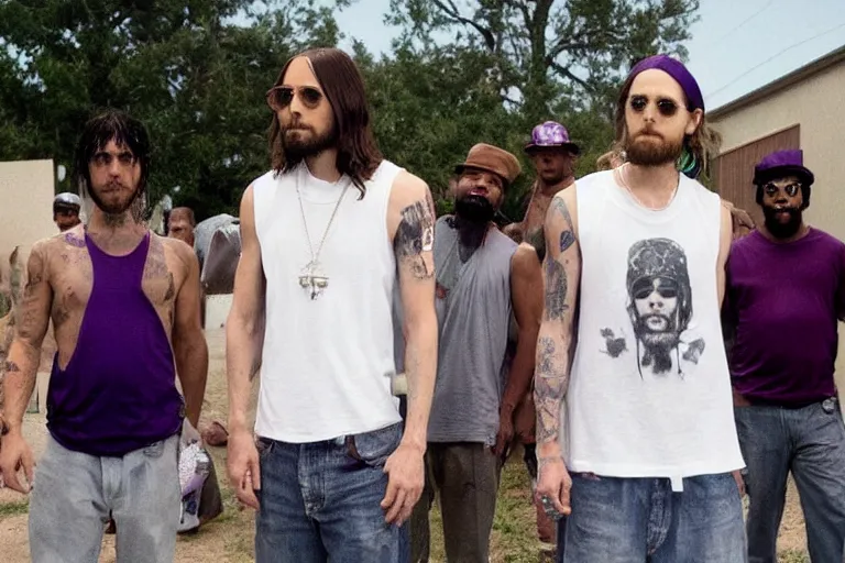 Image similar to medium full shot of jared leto as a white gang member wearing a purple head covering made from a polyester or nylon material and a white tank top outside a trap house in the new movie directed by ice cube, movie still frame, arms covered in gang tattoo, promotional image, critically condemned, top 1 5 worst movie ever imdb list, public condemned, relentlessly detailed