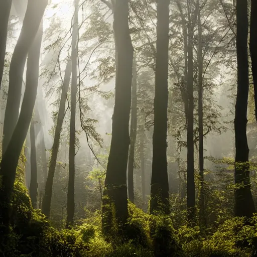 Image similar to misty forest scene, the sun shining through the trees