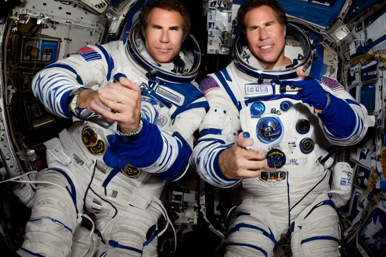 Image similar to 35mm Will Ferrell portrait photo on the international space station, by Emmanuel Lubezki