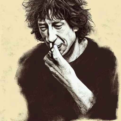 Prompt: Neil Gaiman smoking a cigar, digital portrait
