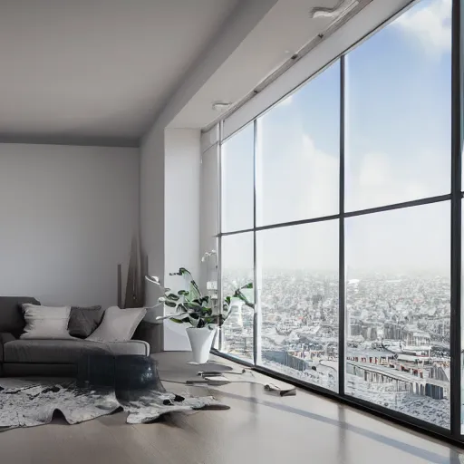 Image similar to modern apartment, aesthetic, floor to cieling windows overlooking a bright floating city in the clouds, octane render, 4k