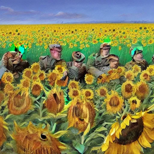 Prompt: a stunning painting of many dead russian soldiers lying amid a field of sunflowers as painted by francis bacon