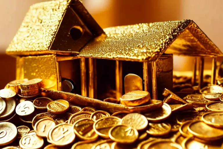 Image similar to a house, made of gold, under construction, with piles of coins around it