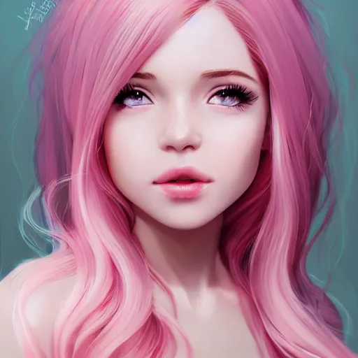 Image similar to belle delphine with pastel pink hair and shiny brown eyes, elegant, ultra highly detailed, digital painting, smooth, sharp focus, artstation, art by Ilya Kuvshinov