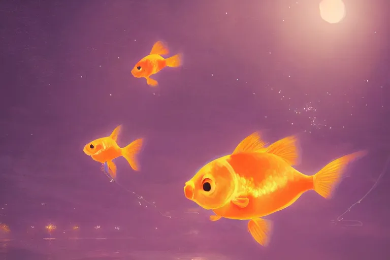 Prompt: fantasy art of glowing goldfish swimming in the air, in a japanese town at night, with people looking up in wonder, by makoto shinkai, highly detailed digital art, trending on artstation