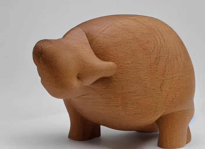 Prompt: a minimalist curvy shaped sculpture of hippopotamus!, wood and epoxy on top, cubic blocks stripes cuts, side view profile centered, studio, design, object, reddit