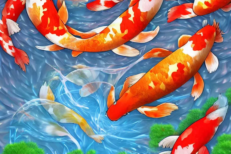 Prompt: illustration (digital art) of a koi pond for the koi gods in mystical armour, magical aura, flying particles, trending on artstation