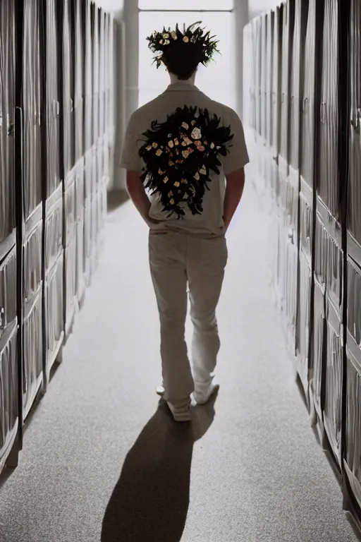 Image similar to kodak portra 4 0 0 photograph of a guy wearing a flower crown in a empty school hallway lined with lockers, back view, lens flare, moody lighting, moody vibe, telephoto, 9 0 s vibe, blurry background, grain, tranquil, calm, faded!,