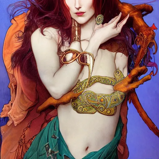 Prompt: a beautiful and androgynous half - elf with medium dark skin tone and messy short red hair and copper eyes with slit pupils, dressed in a colorful jodhpuri suit, dnd character, golden aura, realistic portrait by ross tran and gerald brom and kehinde wiley and fernando amorsolo and alphonse mucha, trending on artstation