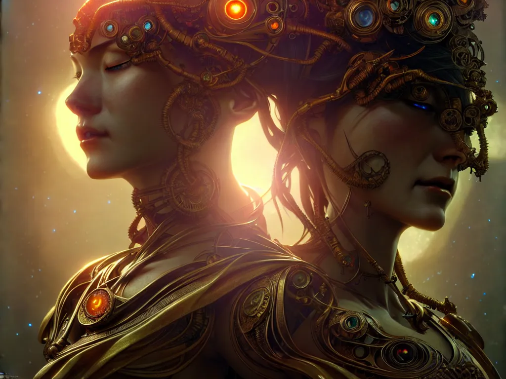 Image similar to ultra realistic beautiful cyborg deity eyes closed, fantasy, intricate details, movie still, highly detailed, photorealistic, octane render, eerie, 8k, art by artgerm and james clyne and greg rutkowski and alphonse mucha