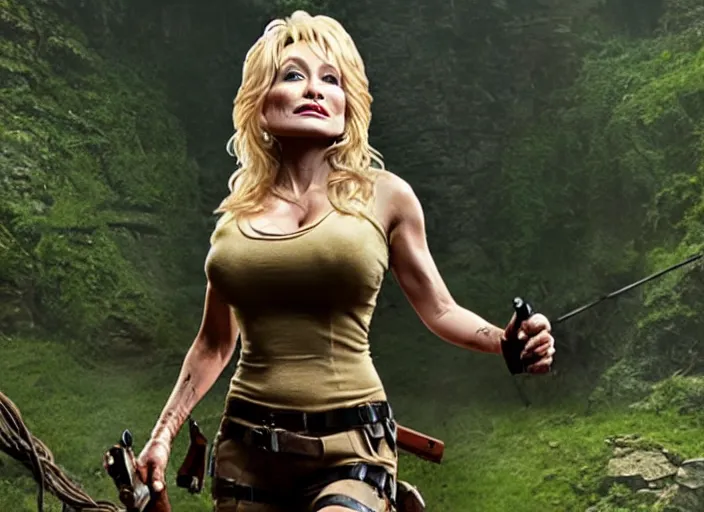 Image similar to film still of!!!! dolly parton!!! as lara croft in new tomb raider movie, 8 k