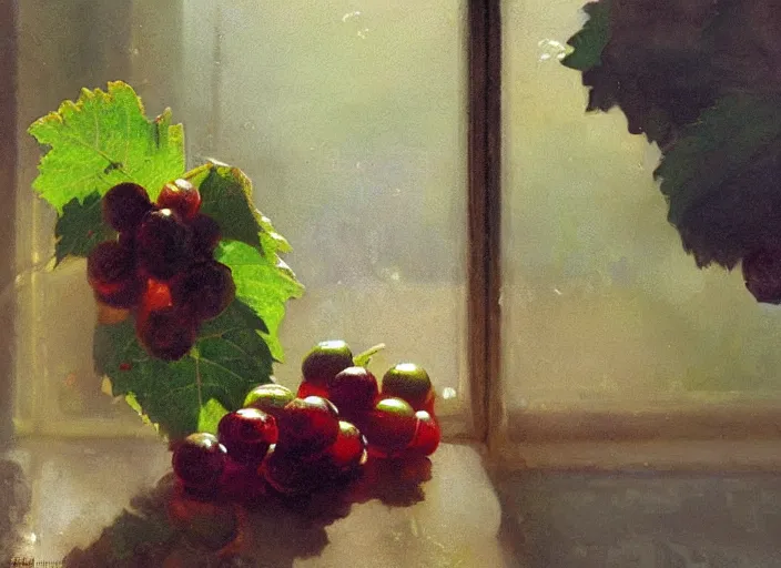 Prompt: oil painting of handmade glass, translucent grapes closeup, glass refraction, art by anders zorn, wonderful masterpiece by greg rutkowski, beautiful cinematic light, american romanticism by greg manchess, backlit vine leaves, light