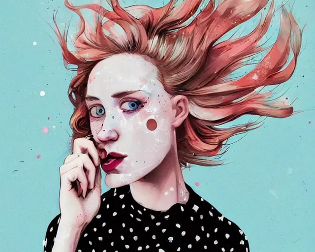 Image similar to pale young woman with bright blonde hair, freckles, gray eyes and a wide face, flowery dress, she is holding a professional dslr camera close to her face with one hand, dramatic lighting, bright flare, expressive, surrealist art by conrad roset