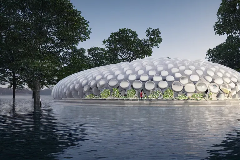 Image similar to a building composed of many white spherical egg shaped circular spaces stacked up and down. on the calm lake, people's perspective modern curved architecture, future, wood, marble, metal award winning, highly detailed 4 k art, dusk, unreal engine highly rendered, global illumination, radial light, internal environment by kazuyo sejima