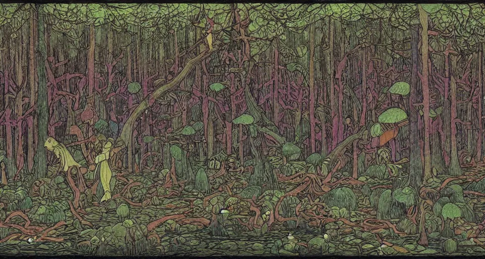 Image similar to A dense and dark enchanted forest with a swamp, by Ivan Bilibin,