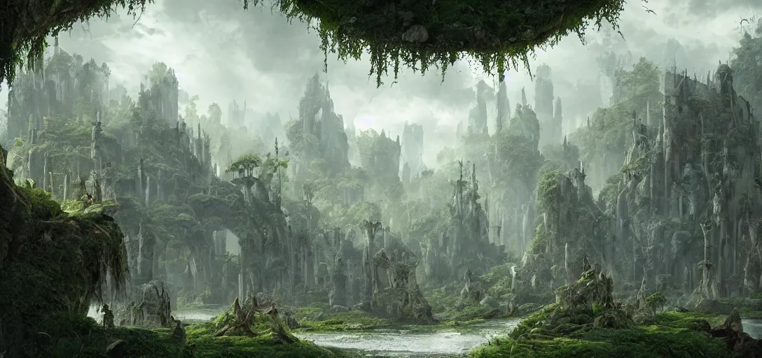 Prompt: gigantic palace-castle adorned pillars, towers, gnarly trees, lush vegetation, forrest, landscape, raphael lacoste, eddie mendoza, alex ross, concept art, matte painting, highly detailed, rule of thirds, dynamic lighting, cinematic, detailed, denoised, centerd