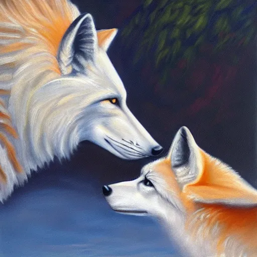 Prompt: A White Wolf kissing a Fox, oil painting