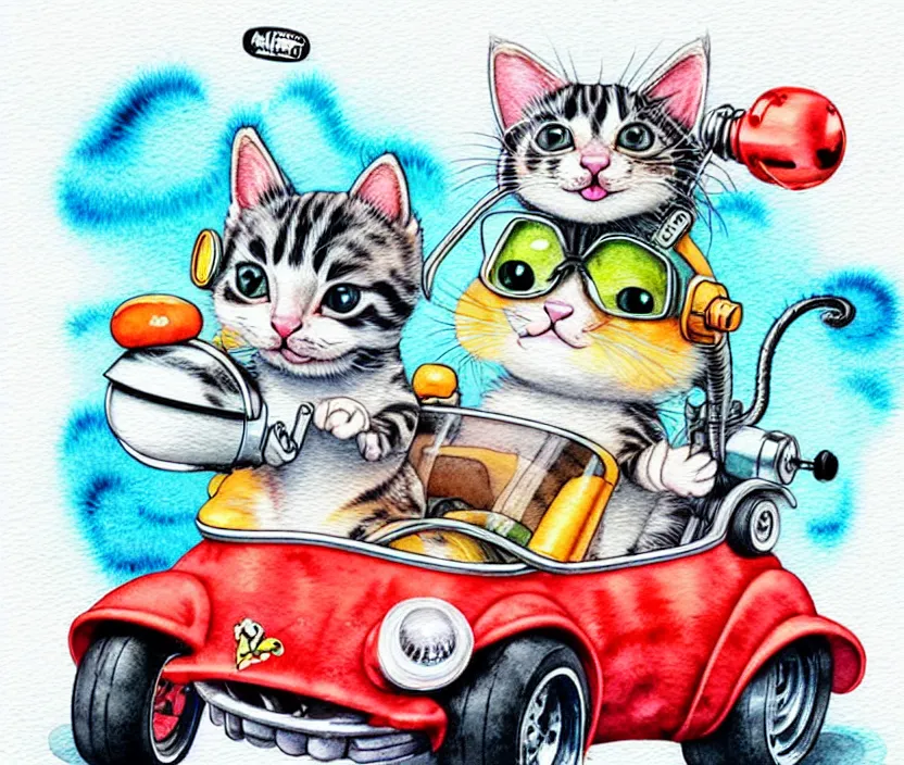 Image similar to cute and funny, kitten wearing a helmet riding in a tiny hot rod with oversized engine, ratfink style by ed roth, centered award winning watercolor pen illustration, isometric illustration by chihiro iwasaki, edited by range murata, tiny details by artgerm and watercolor girl, symmetrically isometrically centered