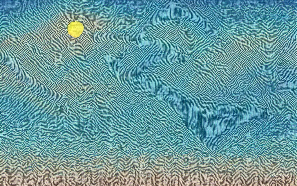 Image similar to a beutiful sunset on a beach, fractal waves. japanese embroidery. retro minimalist art by jean giraud.