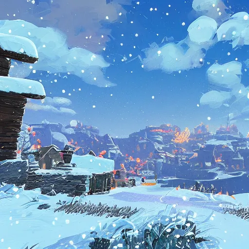 Prompt: snowy Landscape and a village in the background in the style of zelda breath of the wild