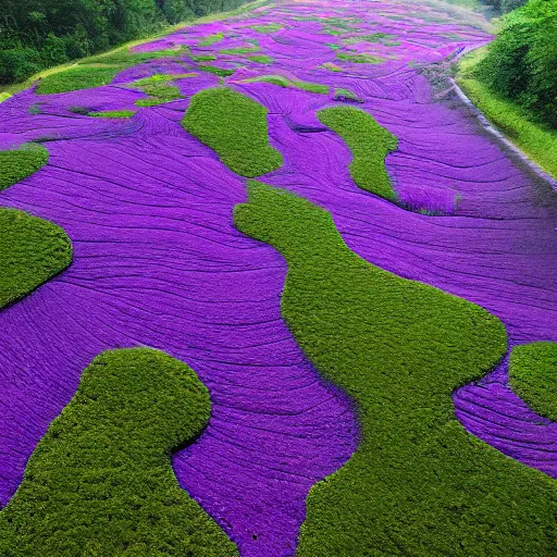 Image similar to magic purple corrupted kudzu spreads across abandoned highway