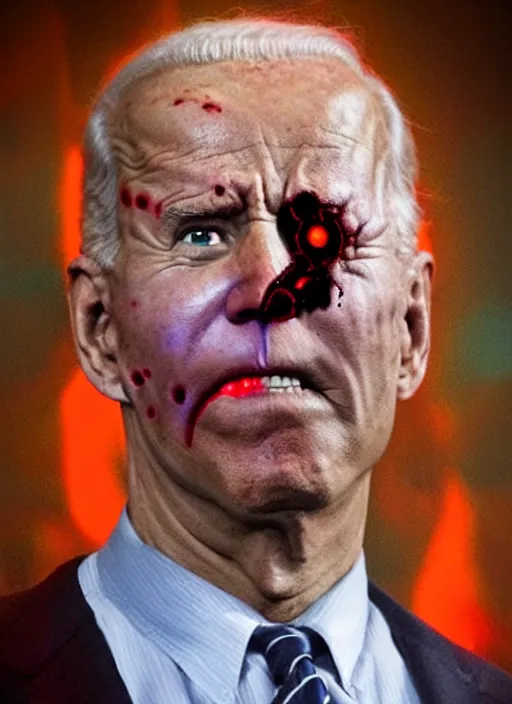 Image similar to hyper realistic terror photo Doom horror furious glowing red eyes biden