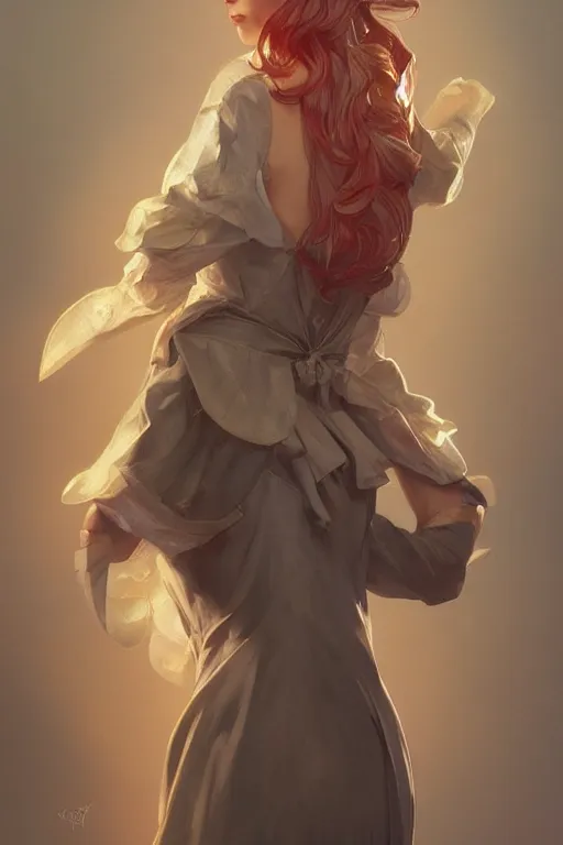 Image similar to a girl wearing a golden dress, grey hair, red necktie, cinematic, stunning, highly detailed, digital painting, artstation, smooth, hard focus, full body shot, illustration, art by artgerm and greg rutkowski and alphonse mucha