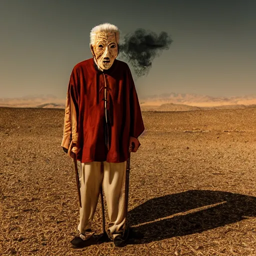 Image similar to mysterious floating old asian man with beard, full face silver occult mask, glowing eyes, wearing a great fractal wooden stick, smoke around him, in the dry rock desert, cinematic shot, wide angle, desert background, volumetric lighting, award winning photography, 8k, in the style of David Lynch, Alejandro Jodorowsky and Gaspar Noe