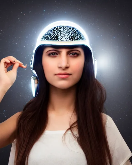 Image similar to centered medium shot fine studio photograph of a beautiful persian girl wearing a persian solarpunk electronic helmet with led lights, ultra-realistic, white background, 8k HDR morning light, intricate detail