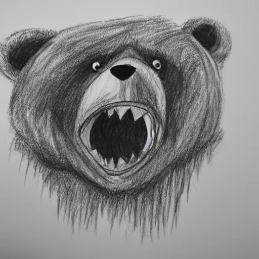 Prompt: sketch of an angry teddy bear with large jagged teeth, drawn by a 6 year old, made of only 6 lines, no shading, simple