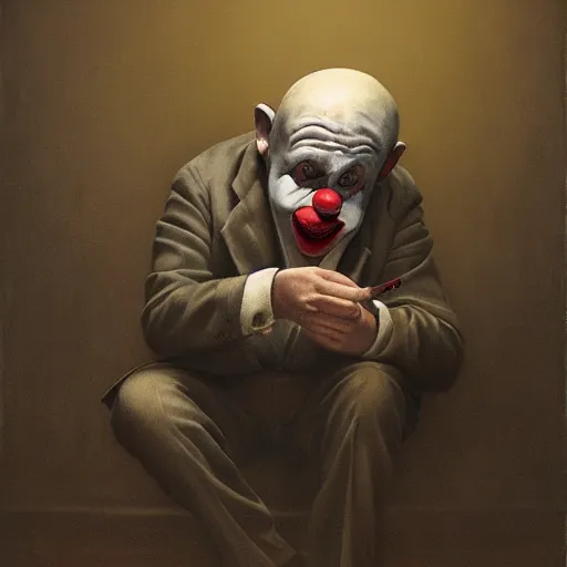 Image similar to a hyperrealistic painting of a depressed clown sitting backstage drinking whiskey and crying, by john kenn mortensen, highly detailed,