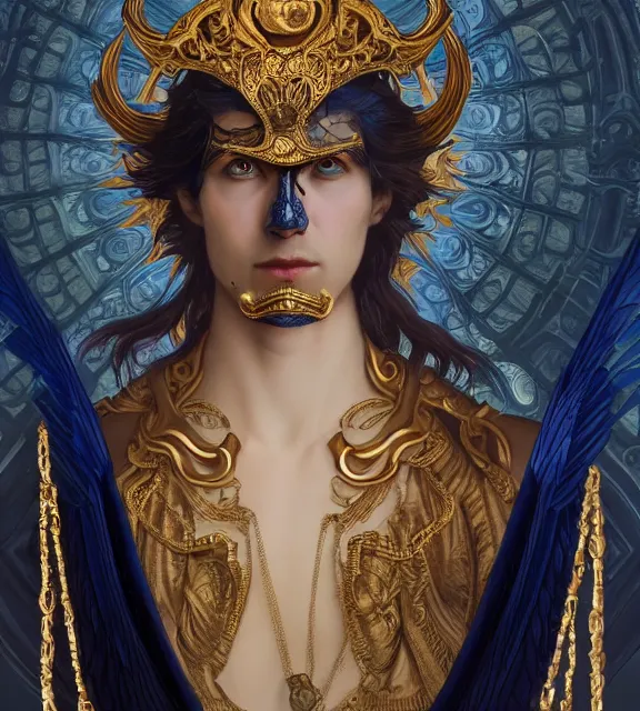 Prompt: male, god of death, in the underworld, elegant dark blue dress, very detailed, throne, very intricate details, jewelry, gold line tattoos, elaborate long hairstyle, wings, cinematic, artstation, william bouguereau, alphonse mucha, greg rutkowski, rossdraws, octane render