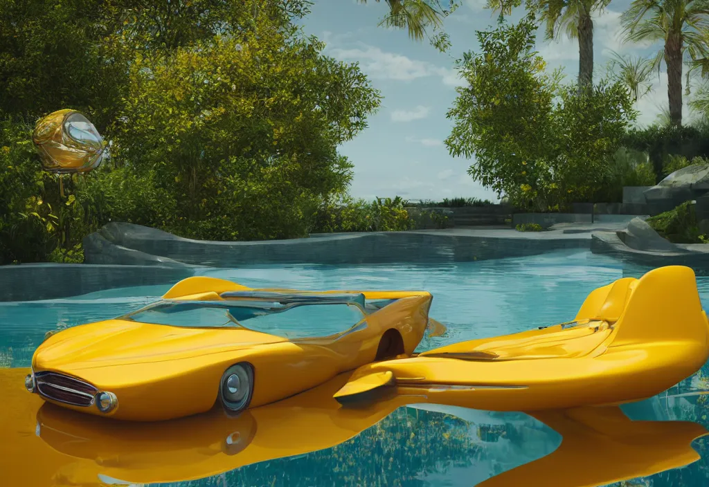 Prompt: art installation of a 50s sport car floating on a pool of bright water. (((complementary colors. national geographic. 8k, rendered in octane, smooth gradients. soft natural volumetric cinematic light. subsurface scattering. sculpture by antonio canova.)))