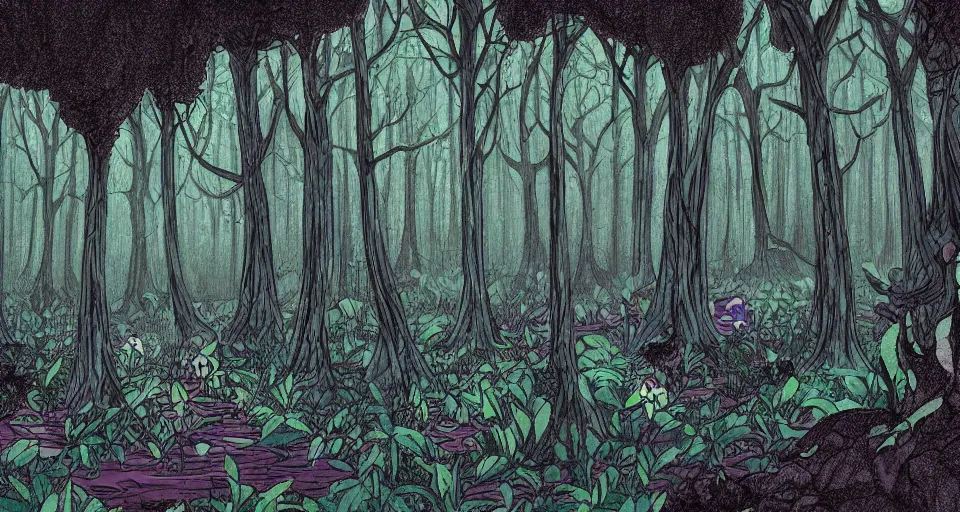 Image similar to A dense and dark enchanted forest with a swamp, by Rebecca Sugar