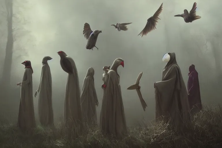 Image similar to masterful fantastic realist painting of the enchanted summoning rituals of unusual moody birds wearing cloaks, weird perspective, digital painting trending on artstation, volumetric lighting and mist, hyperrealistic, octane render