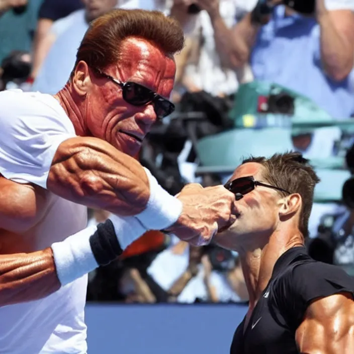 Prompt: ripped arnold schwarzenegger hits a 2 5 0 mph overhead smash against tennis player novak djokovic. television sports coverage