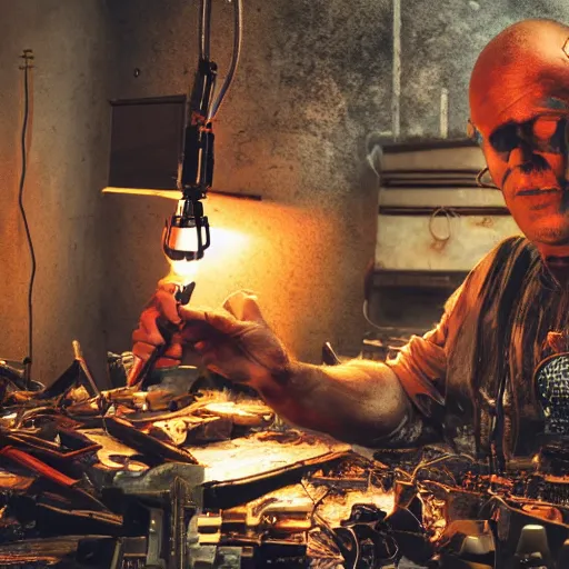 Image similar to half rusted old egg beater half stun - gun, balding older cyborg repairing, red hot soldering iron, dark messy smoke - filled cluttered workshop, dark, dramatic lighting, orange tint, cinematic, highly detailed, sci - fi, futuristic, movie still from blade runner