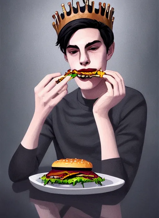 Image similar to portrait of teenage jughead jones wearing a light grey crown, crown, eating hamburger, eyes closed, crown, black hair, intricate, elegant, glowing lights, warm lighting, highly detailed, digital painting, artstation, concept art, smooth, sharp focus, illustration, art by wlop, mars ravelo and greg rutkowski