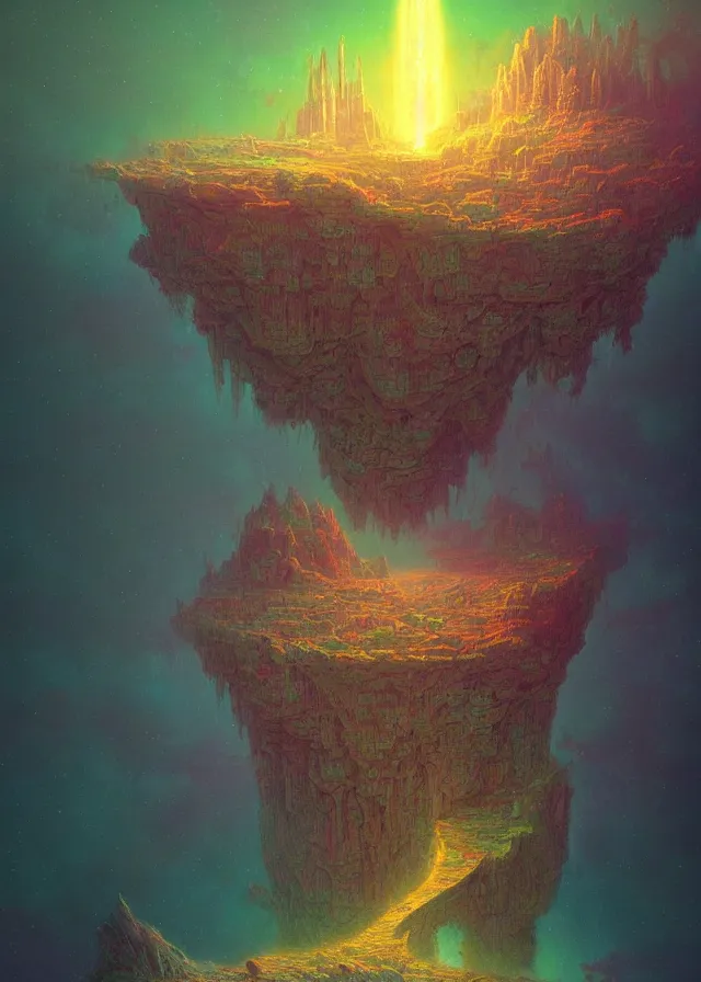 Prompt: an ultra detailed midjourney concept digital art painting of a singular floating island castle, levitating across space in a misty pearlescent nebula by paul lehr kazumasa uchio situated in a starry expanse of bioluminescent cosmic worlds by beksinski and beeple, ecological art, flying citadel with towers, trending on artstation