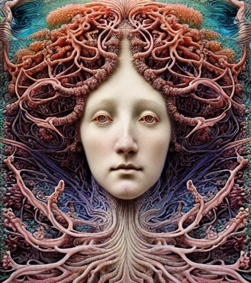 Prompt: detailed realistic beautiful coral reef goddess face portrait by jean delville, gustave dore, iris van herpen and marco mazzoni, art forms of nature by ernst haeckel, art nouveau, symbolist, visionary, gothic, neo - gothic, pre - raphaelite, fractal lace, intricate alien botanicals, ai biodiversity, surreality, hyperdetailed ultrasharp octane render