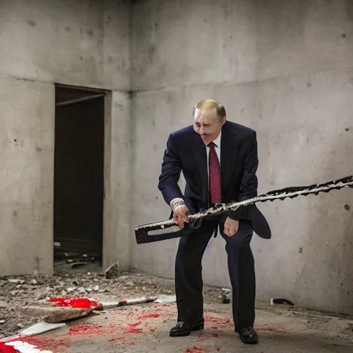 Image similar to putin with a chainsaw. in a concrete bunker with a pile of corpses. focus on putins face with blood splatters. canon eos r 3, f / 1. 4, iso 1 6 0 0, 1 / 8 0 s, 8 k, raw, grainy