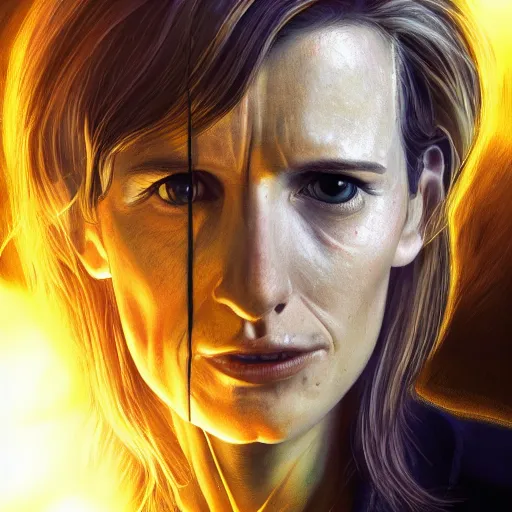 Prompt: the 13th doctor regenerating, yellow light, scared pose, comic book, illustration, slender symmetrical face and body, artstation, cinematic lighting, hyperdetailed, cgsociety, 8k, high resolution, Charlie Bowater, Tom Bagshaw, single face, insanely detailed and intricate, beautiful, vfx, postprocessing