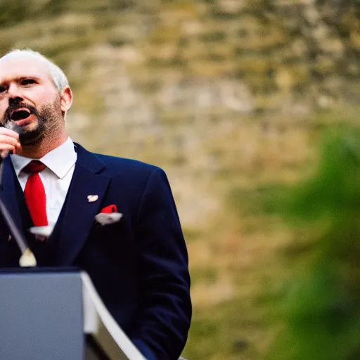 Image similar to a fox animal dressed in a suit giving a presidential speech, 8 5 mm f / 1. 4