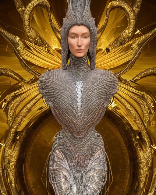 Prompt: a highly detailed metahuman 4 k close up render of an alien goddess bella hadid monument biblical accurate angel in iris van herpen dress schiaparelli in diamonds crystals swarovski and jewelry iridescent in style of alphonse mucha gustav klimt trending on artstation made in unreal engine 4