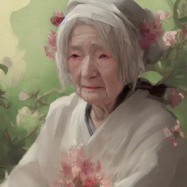 Prompt: sakura as an old woman, portrait, elegant, intricate, digital painting, artstation, concept art, smooth, sharp focus, illustration, art by konstantin korovin and daniel f. gerhartz and john howe