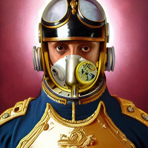 Prompt: portrait of divine emperor napoleon bonaparte, handsome, astronaut, glass visor, oxygen mouth mask, dieselpunk steampunk napoleonic french baroque, metal shoulder pauldrons, intricate, highly detailed, digital painting, artstation, concept art, sharp focus, cinematic lighting, illustration, art by artgerm and greg rutkowski, alphonse mucha, cgsociety