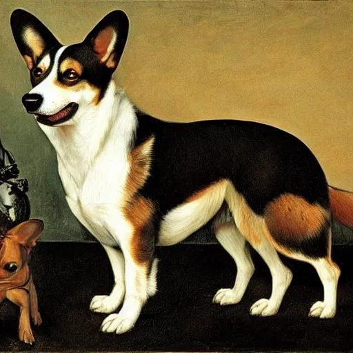 Image similar to A Hell Hound corgi, caravaggio