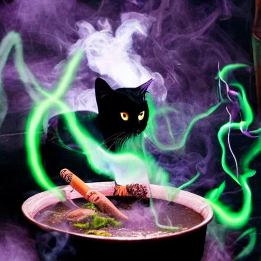 Image similar to black cat, teen witch mixing a spell in a cauldron, wispy smoke, witch hat, studio photography, green glowing smoke is coming out of the cauldron, ingredients on the table, apothecary shelves in the background, still from a nickelodeon show